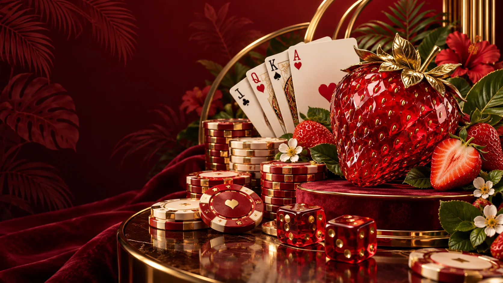 Ruby strawberry with playing cards, red dice and gold-edged chips